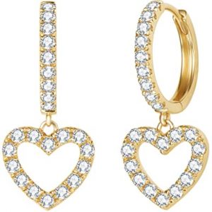 FANCIME 14K Solid White/Yellow Gold Pave 0.46 CTTW Diamond Heart Dangle Huggie Hoop Earrings Dainty Delicate Fine Jewelry For Women Girls من أمازون